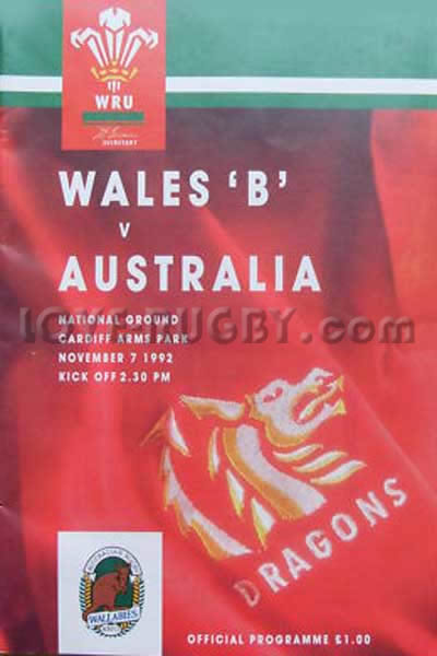 1992 Wales B v Australia  Rugby Programme